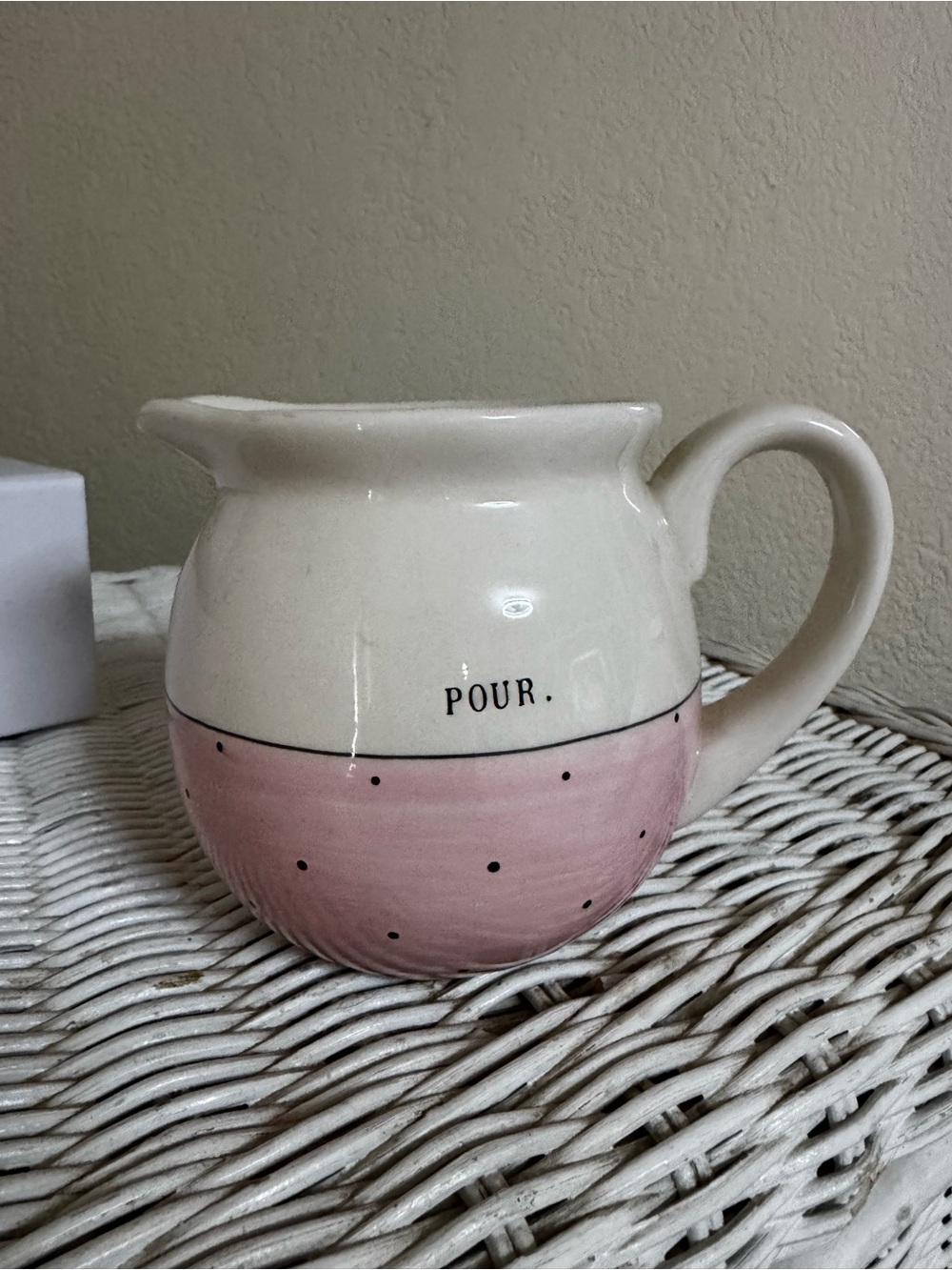 Rae Dunn Cream and Blush Ceramic Pitcher - "POUR."